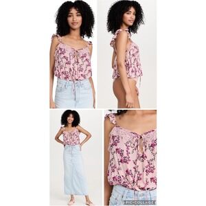 Free People Floral Lace Trim‎ Bodysuit Ruffle Straps Pink